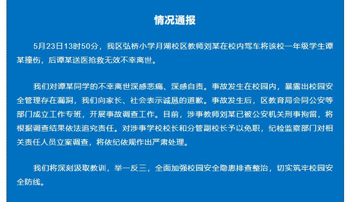 小學生校內被老師駕車碾軋身亡，武漢市漢陽區教育局通報