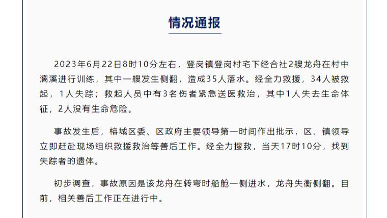 廣東揭陽一龍舟訓練時側翻造成35人落水 官方通報事故原因