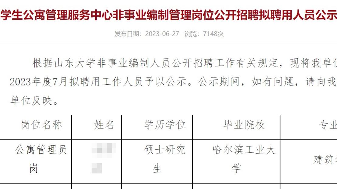 山東大學擬聘2名碩士爲公寓管理員 引發熱議