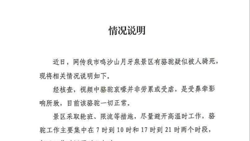 網傳敦煌鳴沙山景區駱駝被“騎死” 當地回應：沒有發生駱駝累死事件