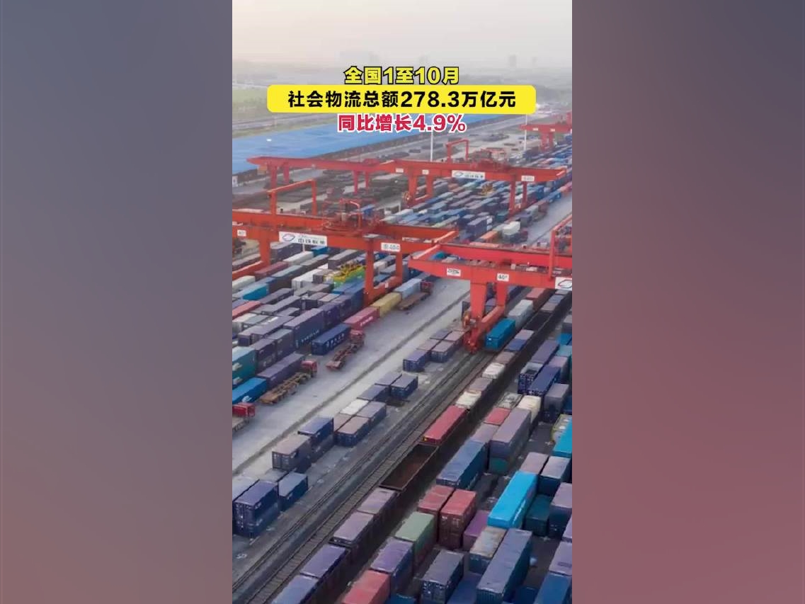 全國1至10月社會物流總額278.3萬億元同比增長4.9%