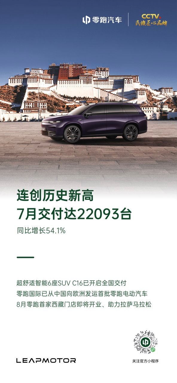 零跑汽車公布7月交付22093輛