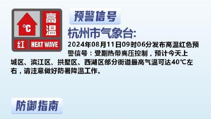 最高氣溫可達40℃左右！杭州發布高溫紅色預警