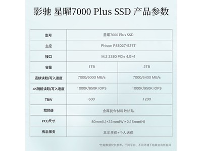 【手慢無】影馳星曜7000 Plus 1TB固態硬盤超值優惠！