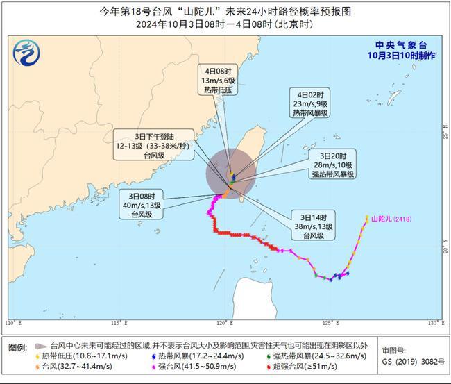 台風橙色預警：“山陀兒”將於今天下午在台灣島西南部沿海登陸