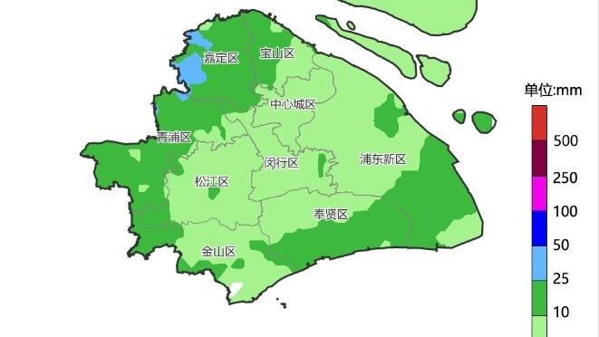 上海市普降陣雨，其中嘉定工業區30.1毫米爲最大