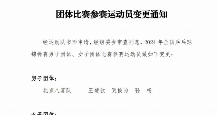 官方：王楚欽、孫穎莎、王曼昱退出全錦賽團體賽事